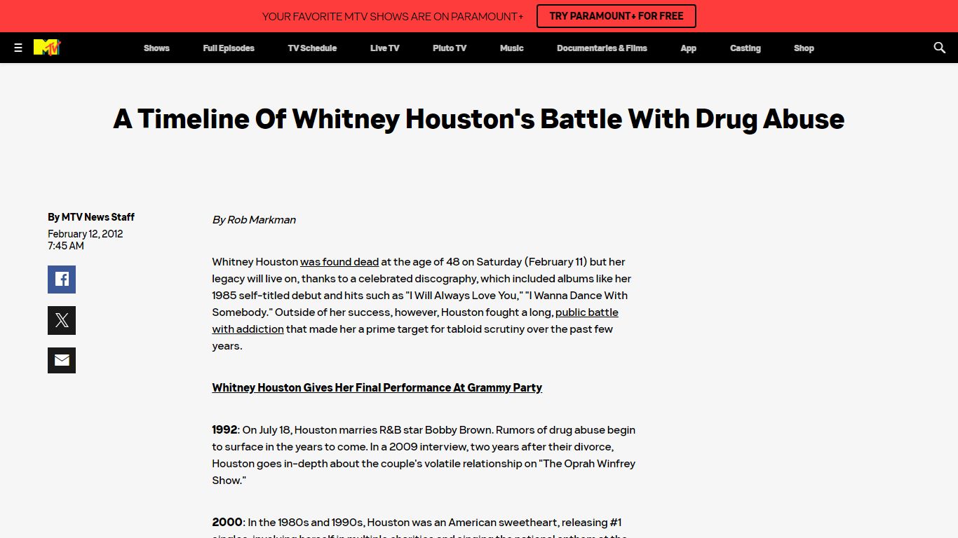 A Timeline Of Whitney Houston's Battle With Drug Abuse